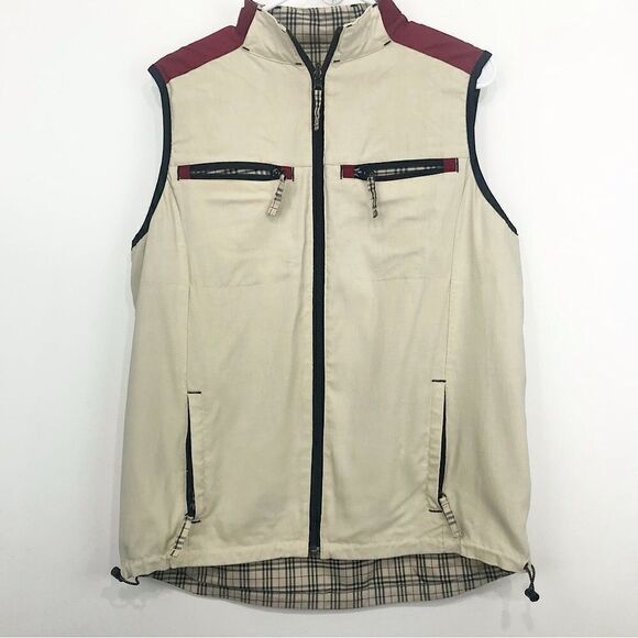 Spanner Sport Tan Checked Plaid Reversible Nylon water Resistant Zip Up Vest - Picture 2 of 16